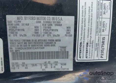 2000 Ford Explorer Xls z USA, uszkodzony, nr VIN 1FMDU62XXYZA97309